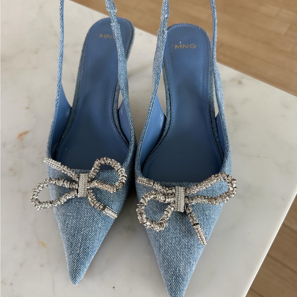 Mango Denim Slingback Heels with Rhinestone Bow